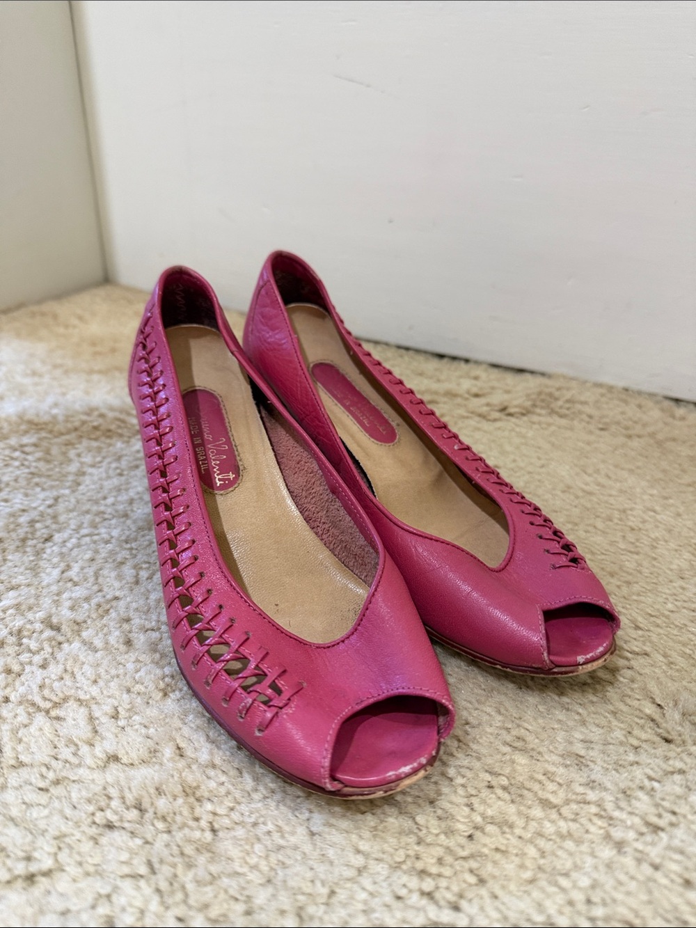 Women’s Pink Peep-Toe Woven-Trim Flats